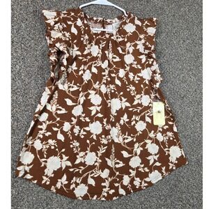 Flower & Feather Blouse Women L Brown‎ Floral Ruffle Sleeve NWT TB8741Y-D